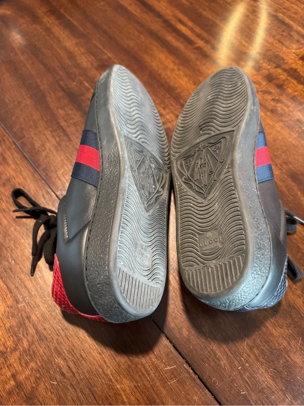 Gucci Black Leather Ace Sneaker with Red & Blue Stripe and Gold Bee